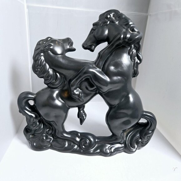 Black Ceramic Fighting Stallions Signed 1982 Mid-Century Modern Studio Art - Picture 1 of 6
